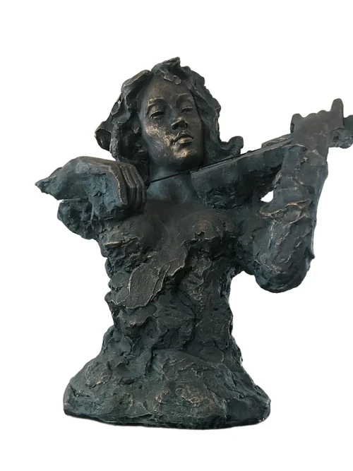Schöner Torso eines Jazzmusikers mit einer Geige in Grün-Gold