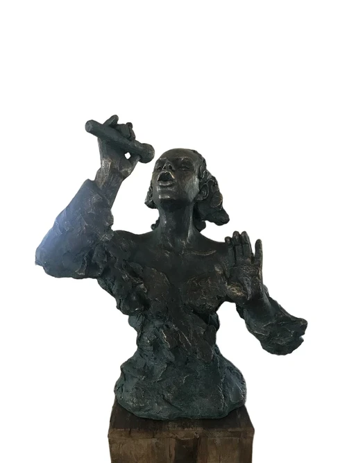 Beautiful torso of a jazz musician, the singer, in green-gold