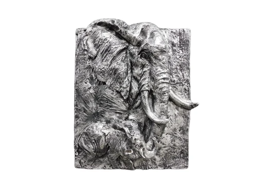Wall plate with 2 elephants in 3D - Silver/Black - Polystone