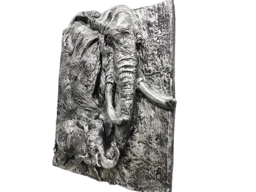 Wall plate with 2 elephants in 3D - Silver/Black - Polystone