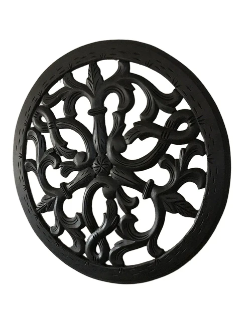 Wall ornament round, beautifully carved, black-brown, small