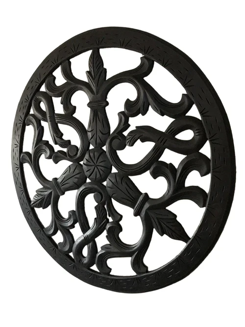 Wall ornament round, decoratively carved, black-brown, beautiful!