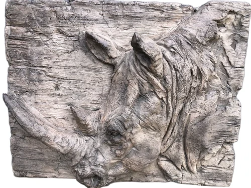 Wall ornament wood look with 3D image of a rhino, polystone-wood.