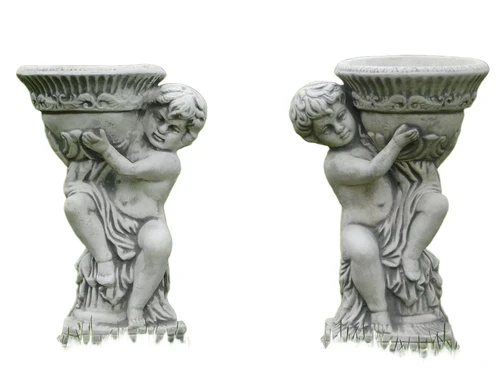Pair of Angel Statues with Pot - 2 Pieces - Stone