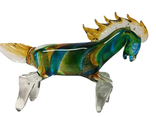 Glass blown horse, full of color, beautiful design.