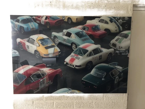 Wanddecoratie kunst op glas, Full color oldtimer & Porsche, zeer fraai!!