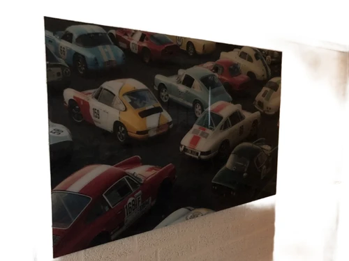 Wanddecoratie kunst op glas, Full color oldtimer & Porsche, zeer fraai!!