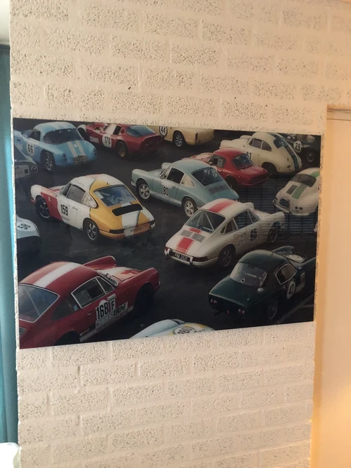 Wanddecoratie kunst op glas, Full color oldtimer & Porsche, zeer fraai!!