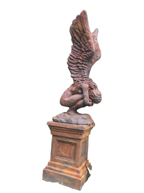 Very large kneeling oxide Angel with wings up on a large oxide pedestal, very large and unique!