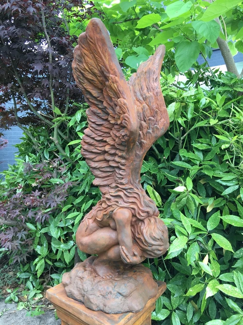 Very large kneeling oxide Angel with wings up on a large oxide pedestal, very large and unique!
