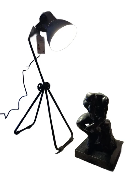 Industriële tafel- bureau lamp, smeedijzeren voet met zinken kap.