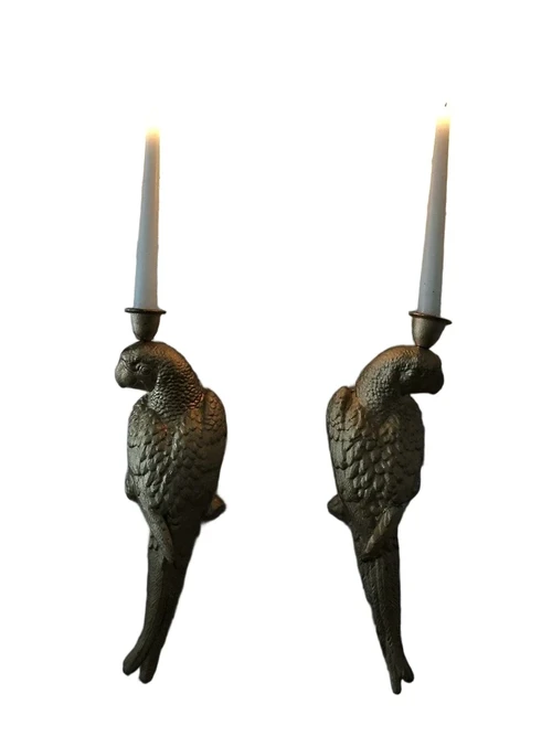 Set of cast iron parrots in gold color as wall candlesticks, beautiful and special!!