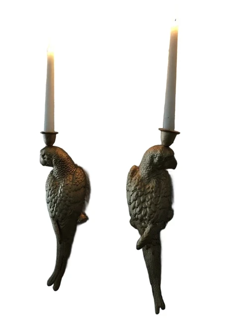 Set of cast iron parrots in gold color as wall candlesticks, beautiful and special!!
