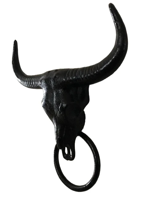 Cast iron bull skull with towel ring, black, beautiful!