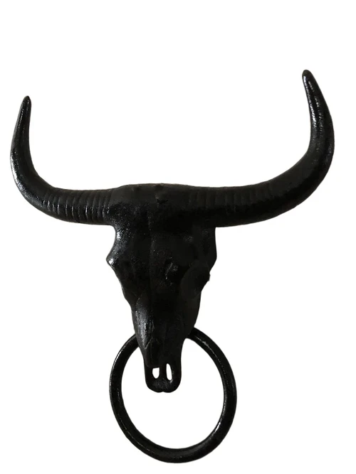 Cast iron bull skull with towel ring, black, beautiful!