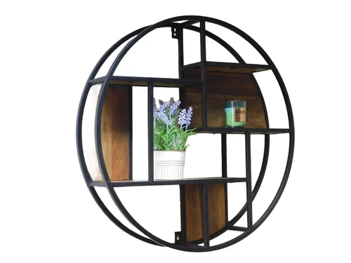 Industrial wall rack - round - mango wood and metal