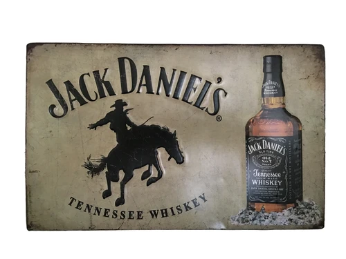 Metallplatte mit aufgemalten Jack Daniel's Artikeln