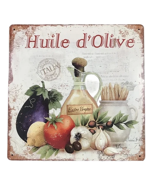Metalen bordje met groentes en de tekst: ''HUILE D'OLIVE''