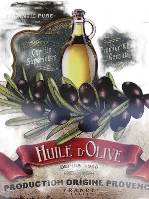 Metalen bordje met olijven, olijfolie en de tekst: ''HUILE D'OLIVE''