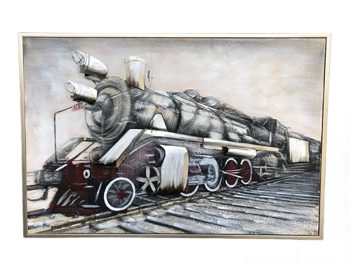 Prachtig groot olieverf doek met 3 d trein in mooie kleurstelling in alu lijst!