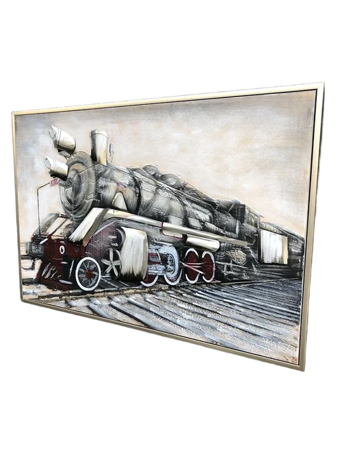 Prachtig groot olieverf doek met 3 d trein in mooie kleurstelling in alu lijst!
