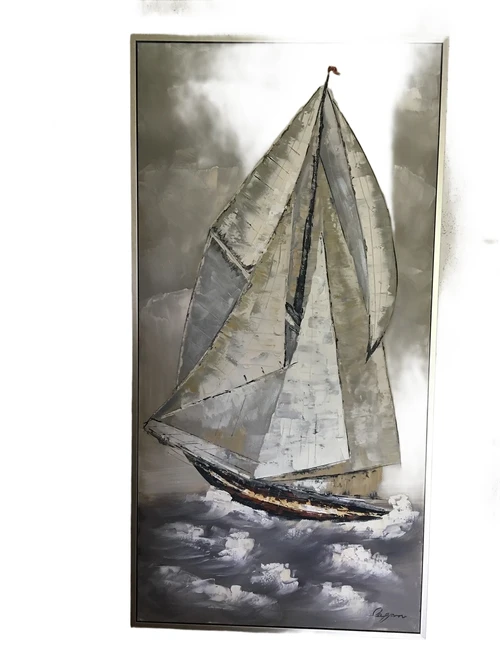 Prachtig groot olieverf doek van een zeilschip in mooie kleurstelling in alu lijst!