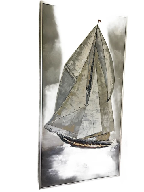 Prachtig groot olieverf doek van een zeilschip in mooie kleurstelling in alu lijst!