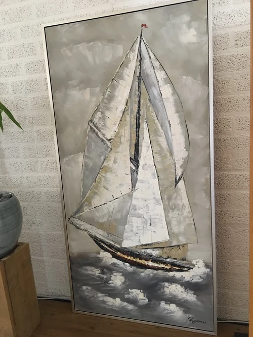 Prachtig groot olieverf doek van een zeilschip in mooie kleurstelling in alu lijst!
