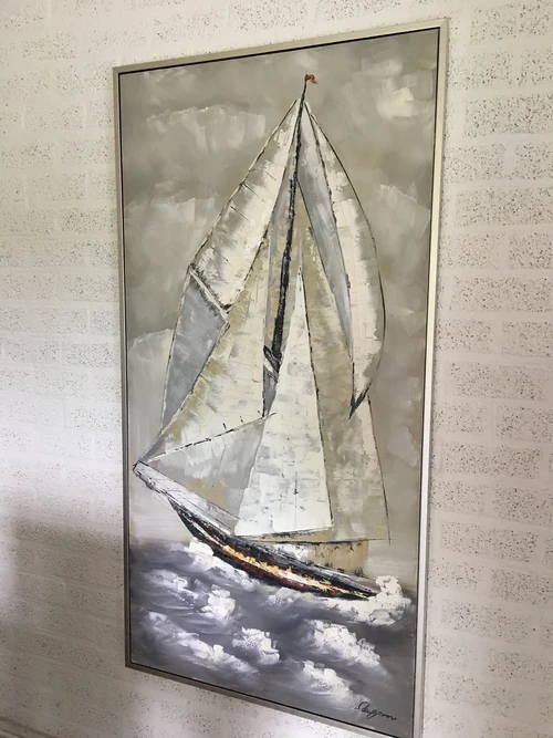 Prachtig groot olieverf doek van een zeilschip in mooie kleurstelling in alu lijst!