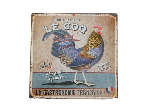Prachtige metalen plaat met mooie kleuren en afbeelding van een trotse haan, LE COQ.