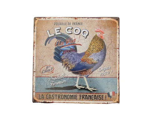 Prachtige metalen plaat met mooie kleuren en afbeelding van een trotse haan, LE COQ.