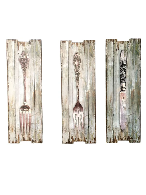 Set van 3 houten design borden met bestek afbeeldingen.