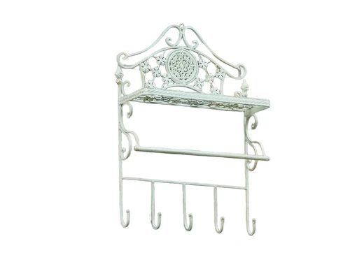 Vintage Wall Rack with Hooks - Old White - Wrought Iron