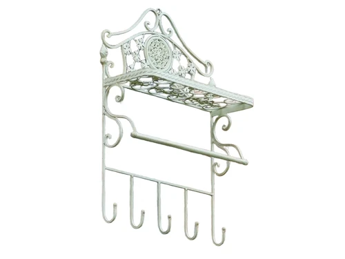 Vintage Wall Rack with Hooks - Old White - Wrought Iron