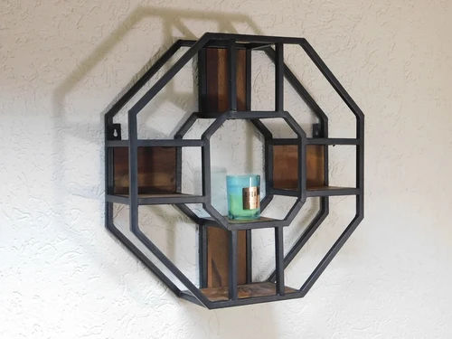 Wall rack Industrial M - octagonal - mango wood and metal