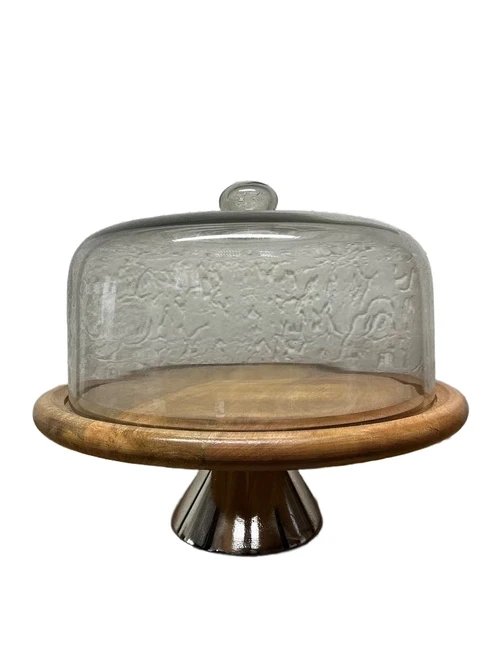 Sturdy vintage glass dome on wooden tray - alu base - diameter 36 cm