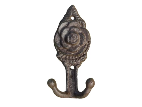 Cast iron Wall Hook with Rose - 2-Hooks - 13 cm High - Dark brown