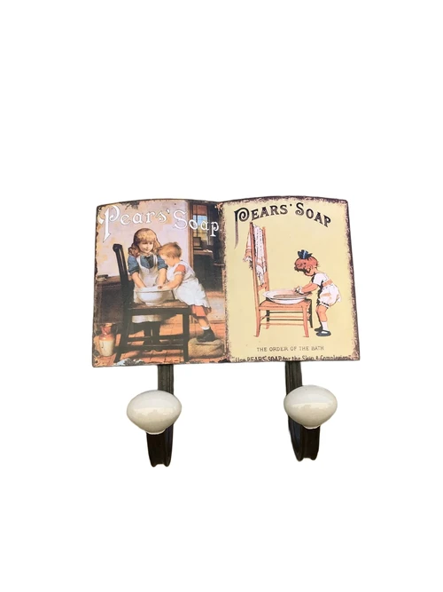 Coat rack ''Pears' soap'' with 2 hooks, made of metal, as towel holder / clothes hook