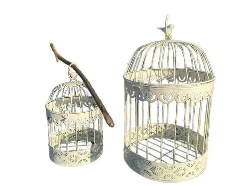 Set of Decorative Birdcages – Metal – Round – Antique White