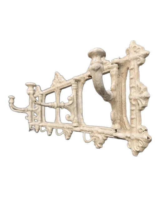 Antique white wall coat rack with rotating hook, cast iron - Shabby look - painted