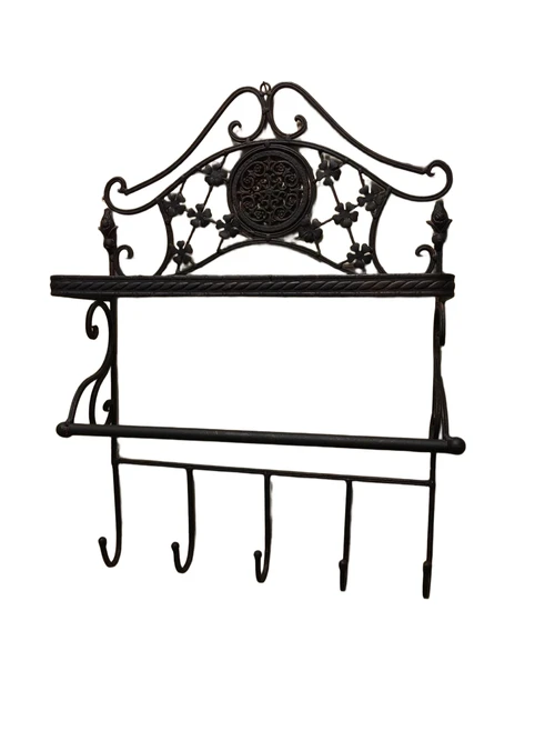 Wall rack , wrought iron, old-rust look, with 1 storage layer and 5 coat hooks.