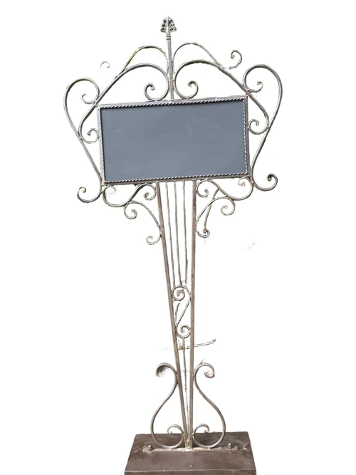Welcome sign metal on stand, wrought iron brown