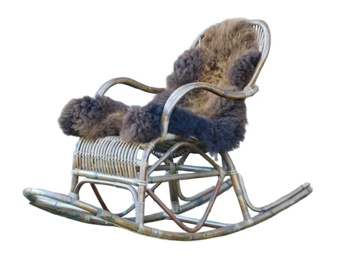 Eenmalig: Vintage Schommelstoel - Handgemaakt - Riet - Incl. Grizzly Plaid