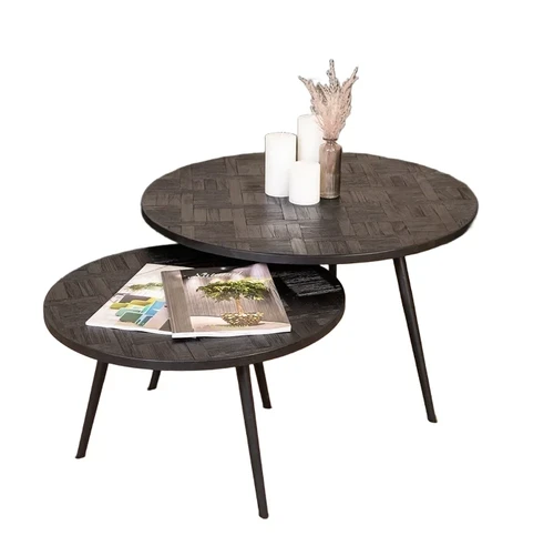 2er-Set Couchtische - Teak - Rund - Schwarz