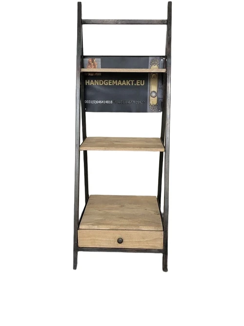 Display rack 3 etages, industrieel, 1 x la, metalen frame met hardhouten afwerking.