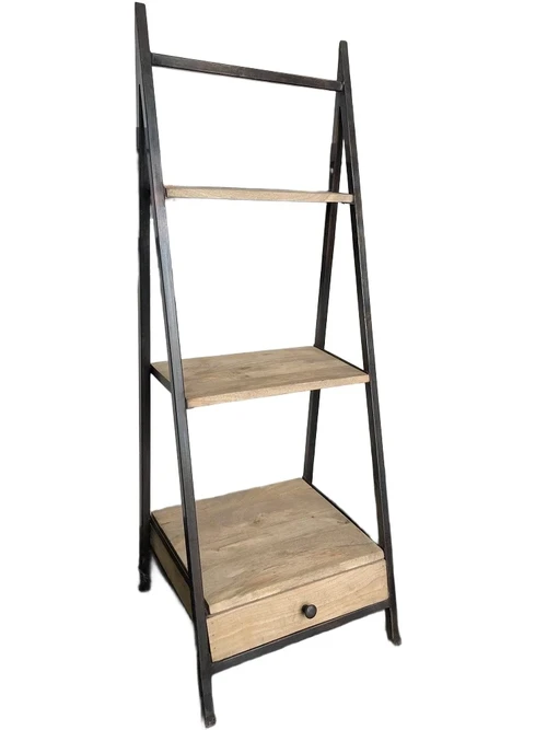 Display rack 3 etages, industrieel, 1 x la, metalen frame met hardhouten afwerking.
