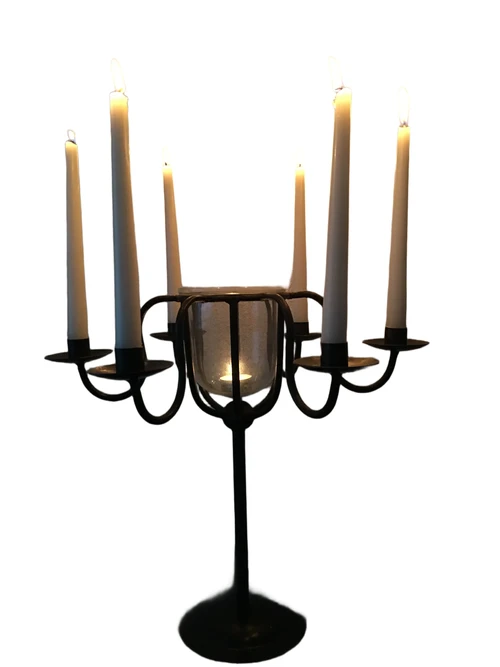 Candlestick wrought iron brown-black, 6 arms, with beautiful light glass!!