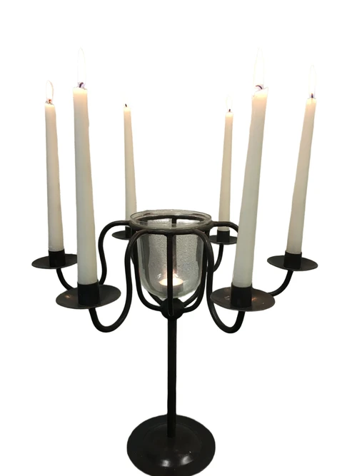 Candlestick wrought iron brown-black, 6 arms, with beautiful light glass!!