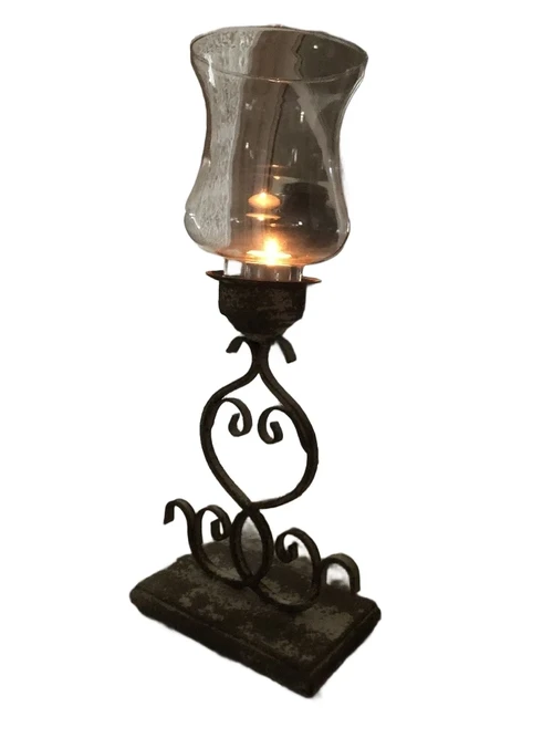 Candlestick, storm lantern, metal-glass, beautiful ironwork in old green-white-rust.