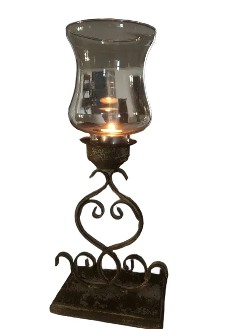 Candlestick, storm lantern, metal-glass, beautiful ironwork in old green-white-rust.